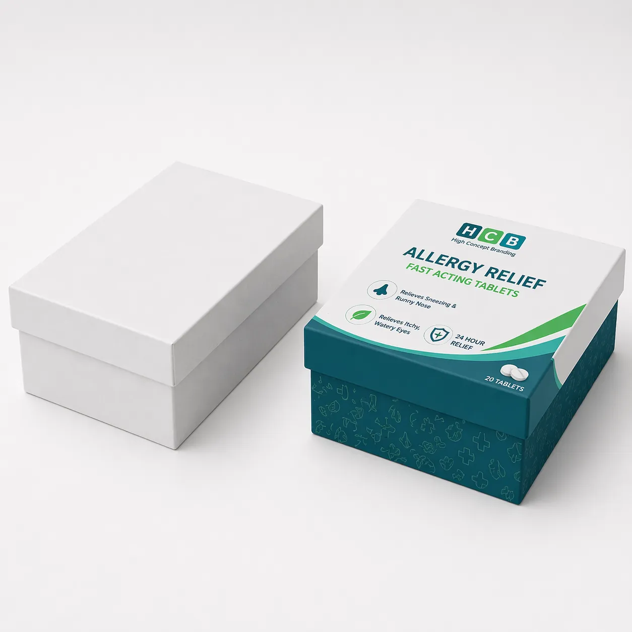 Two horizontal cardboard boxes, one plain white and one featuring blue floral allergy relief branding. class=
